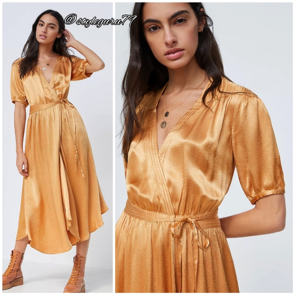 NWT, Anthropologie, Katrina Midi Wrap Dress In GOLD